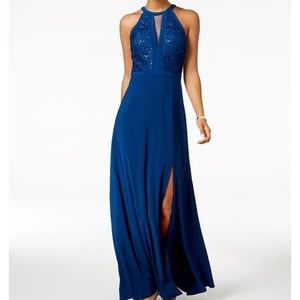 Long blue evening dress side slit, sparking front